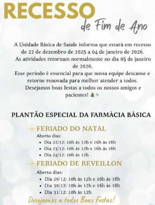 Imagem de compartilhamento para o artigo UBS de Figueirão entra em recesso de fim de ano no dia 22 de dezembro e farmácia básica terá plantão especial da MS Todo dia